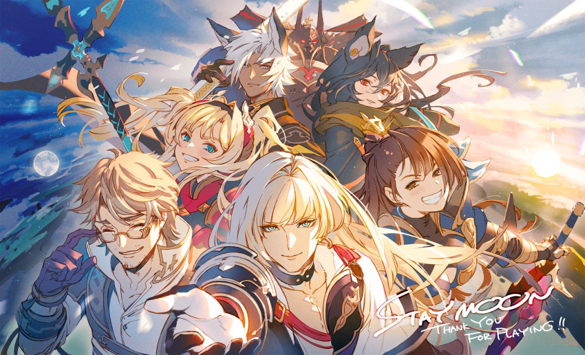 3boys 3girls animal_ears armor bangs beatrix_(granblue_fantasy) black_hair blonde_hair blue_eyes brown_eyes brown_hair cassius_(granblue_fantasy) choker cleavage_cutout closed_eyes clothing_cutout clouds collarbone commentary_request dark-skinned_male dark_skin earrings english_text erune eustace_(granblue_fantasy) facial_hair floating_hair gauntlets glasses gloves granblue_fantasy hair_between_eyes hairband helmet highres holding holding_sword holding_weapon ilsa_(granblue_fantasy) isaac_(granblue_fantasy) jewelry long_hair looking_at_viewer moon multiple_boys multiple_girls official_art outstretched_arm parted_lips polearm popped_collar reaching_out red_eyes scarf short_hair smile spear swept_bangs sword teeth twintails upper_body vaseraga weapon white_hair zeta_(granblue_fantasy)