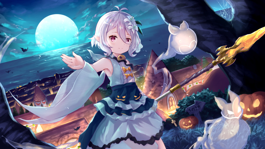 1girl antenna_hair armpits bangs building cityscape clouds cloudy_sky commentary detached_sleeves eyebrows_visible_through_hair eyes_visible_through_hair flower full_moon ghost grey_eyes hair_between_eyes hair_flower hair_ornament halloween highres holding holding_polearm holding_spear holding_weapon horizon jack-o'-lantern kokkoro_(princess_connect!) looking_at_viewer moon night night_sky ocean pointy_ears polearm poumi princess_connect! pumpkin reaching_out short_hair sidelocks sky smile spear weapon white_hair wide_sleeves
