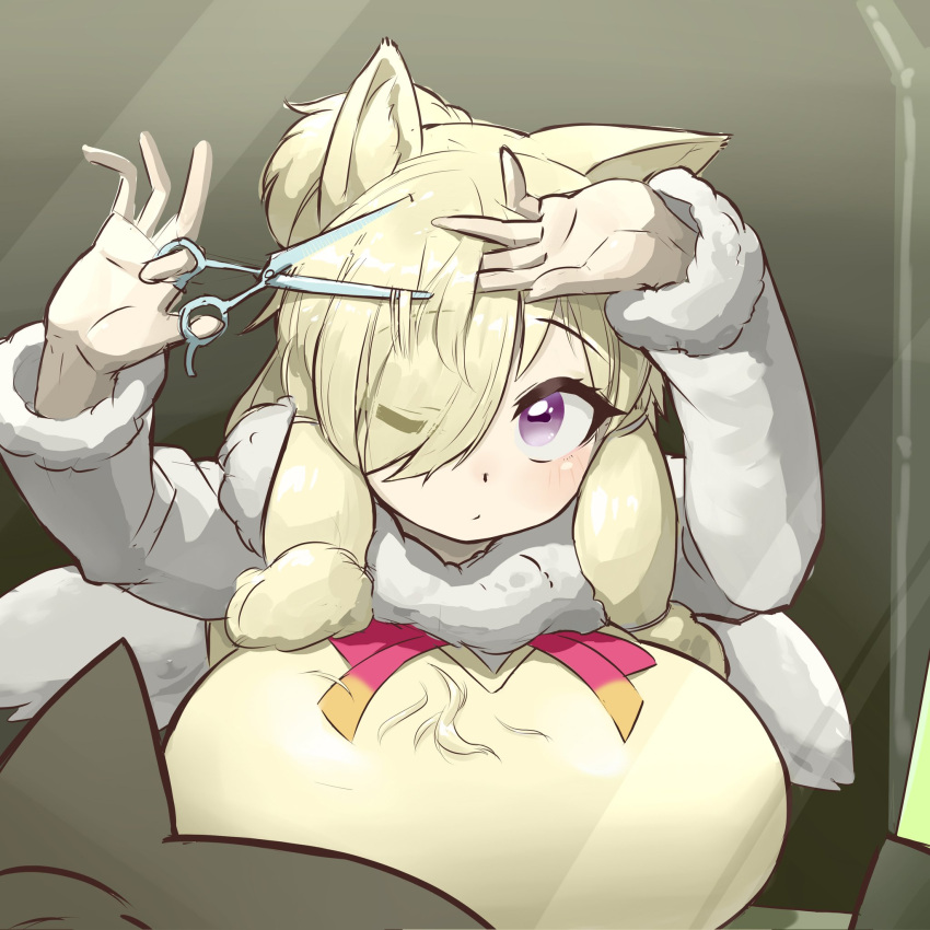 1girl alpaca_ears alpaca_suri_(kemono_friends) alternate_breast_size animal_ears arms_up bangs blonde_hair breasts closed_mouth cutting_hair expressionless eyebrows_visible_through_hair eyes_visible_through_hair fur-trimmed_sleeves fur_scarf fur_trim hair_bun hair_over_one_eye highres holding holding_scissors horizontal_pupils huge_breasts kemono_friends long_hair long_sleeves looking_up miji_doujing_daile mirror neck_ribbon one_eye_closed reflection ribbon scarf scissors shirt solo sweater_vest upper_body violet_eyes