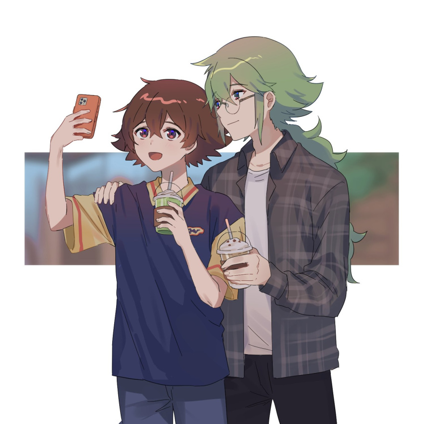 2boys :d alternate_costume bangs bespectacled black_pants brown_eyes brown_hair cellphone closed_mouth collared_shirt cup drinking_straw glasses green_hair grey_shirt highres hilda_(pokemon) holding holding_cup holding_phone long_hair long_sleeves male_focus multiple_boys n_(pokemon) open_mouth p_(flavorppp) pants phone pokemon pokemon_(game) pokemon_bw ponytail shiny shiny_hair shirt short_hair short_sleeves smile tongue