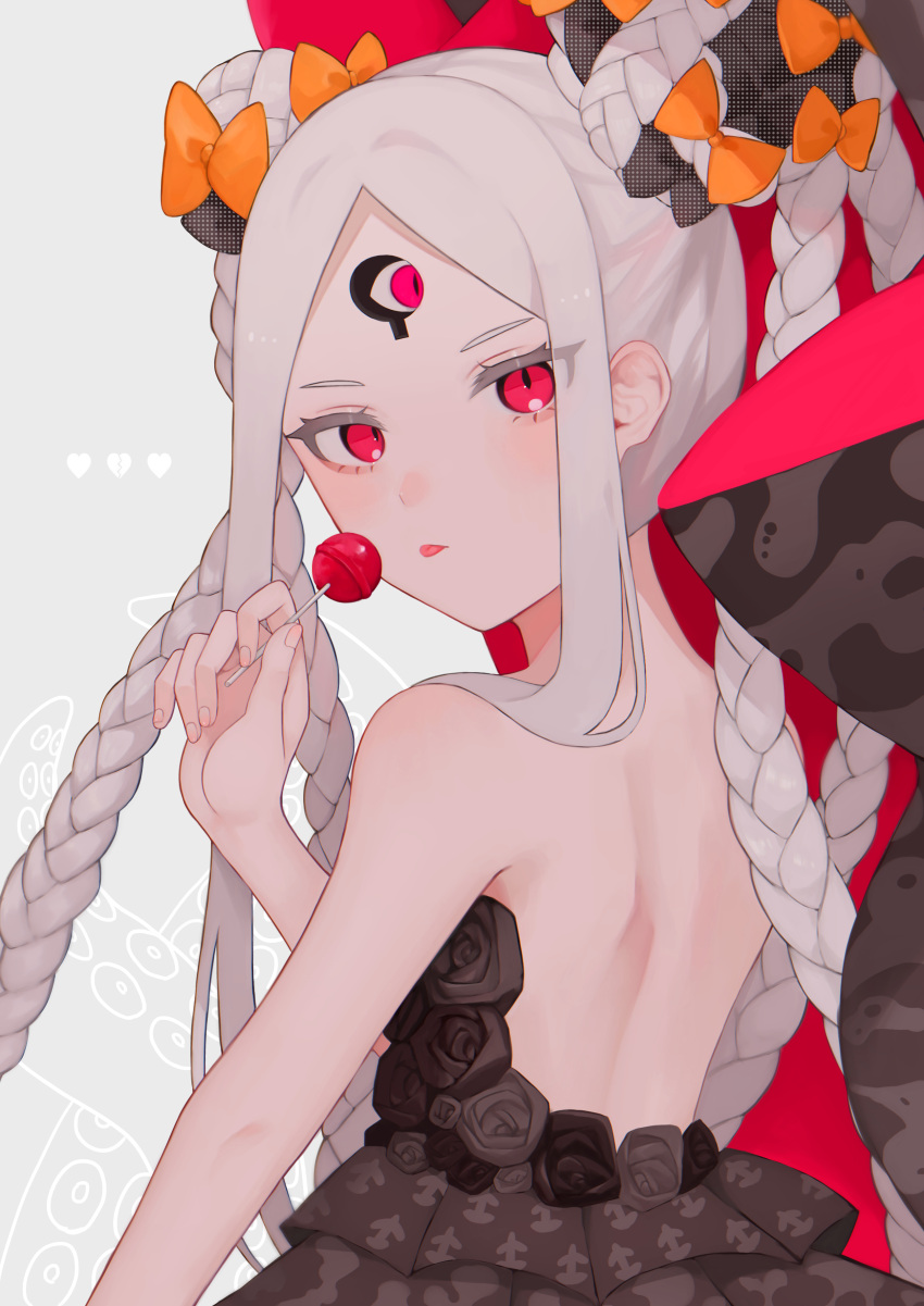 1girl abigail_williams_(fate) absurdres backless_dress backless_outfit bangs bare_shoulders black_bow black_dress bow breasts candy double_bun dress fate/grand_order fate_(series) food forehead heroic_spirit_tour_outfit highres keyhole lollipop long_hair looking_at_viewer multiple_bows open_mouth orange_bow red_eyes sidelocks small_breasts solo sumi_(gfgf_045) thighs third_eye very_long_hair white_hair