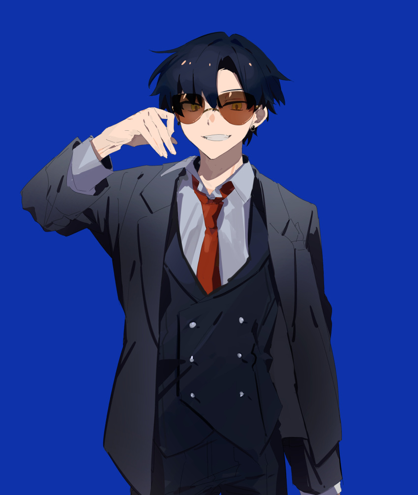 1boy absurdres black_hair black_jacket blue_background collared_shirt commentary_request earrings grin guu_(guu8) hand_up highres jacket jewelry long_sleeves looking_at_viewer male_focus necktie open_clothes open_jacket original parted_lips red_neckwear shirt short_hair simple_background smile solo sunglasses tinted_eyewear upper_body very_short_hair waistcoat white_shirt yellow_eyes