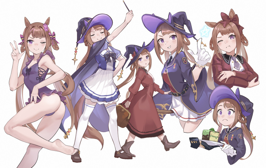 1girl absurdres alternate_costume cape closed_eyes full_body hair_between_eyes hair_ribbon hair_rings hat highres horse_girl joeychen long_hair one_eye_closed ribbon school_uniform simple_background solo sweep_tosho_(umamusume) swimsuit thigh-highs tracen_school_uniform umamusume wand white_background witch_hat