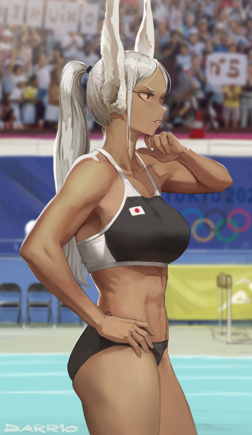 1girl 2020_summer_olympics abs absurdres alternate_hairstyle animal_ears audience boku_no_hero_academia breasts chair cowboy_shot crowd dark-skinned_female dark_skin darr1o english_commentary folding_chair highres japanese_flag large_breasts long_hair mirko muscular muscular_female olympics ponytail rabbit_ears rabbit_girl red_eyes solo_focus sports_bra track_and_field white_hair