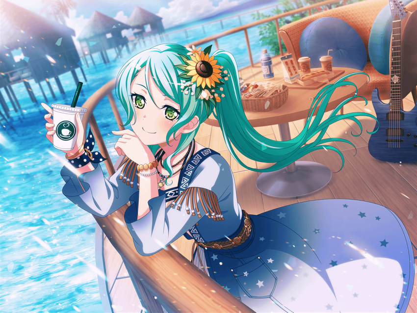 bang_dream! blush dress green_eyes green_hair hikawa_sayo long_hair official_art ponytail