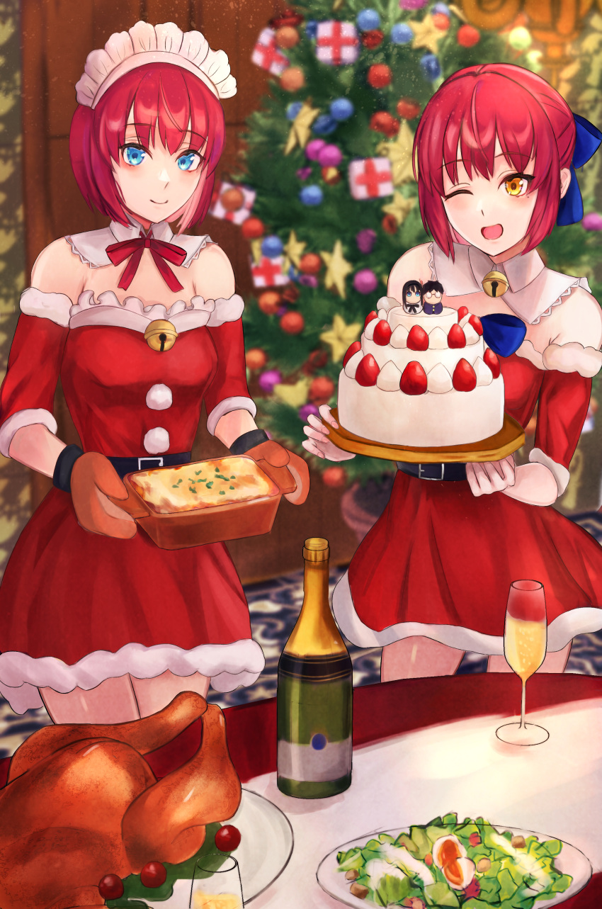 2girls absurdres alternate_costume bangs bare_shoulders bell belt belt_buckle black_belt blue_bow blue_eyes bow buckle cake champagne_bottle champagne_flute character_doll christmas christmas_ornaments christmas_tree closed_mouth commentary_request cup detached_collar detached_sleeves doll dress drinking_glass eyebrows_visible_through_hair food fur-trimmed_dress fur-trimmed_sleeves fur_trim hair_between_eyes hair_bow half_updo highres hisui_(tsukihime) indoors jingle_bell klash kohaku_(tsukihime) looking_at_viewer maid maid_headdress mittens multiple_girls neck_bell neck_ribbon one_eye_closed open_mouth plate red_dress red_ribbon red_sleeves redhead ribbon salad short_hair siblings sisters smile strapless strapless_dress table tohno_akiha tohno_shiki tongue tsukihime tsukihime_(remake) turkey_(food) twins yellow_eyes