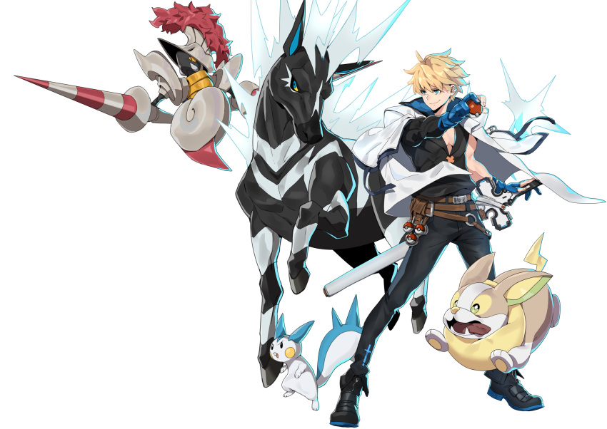 1boy absurdres asymmetrical_clothes bangs black_footwear black_pants black_shirt blue_eyes blue_gloves crossover escavalier fangs gen_4_pokemon gen_5_pokemon gen_8_pokemon gloves guilty_gear guilty_gear_strive hair_between_eyes highres holding holding_poke_ball jacket jacket_on_shoulders ky_kiske makai male_focus open_mouth pachirisu pants partially_fingerless_gloves poke_ball pokemon pokemon_(creature) sheath sheathed shirt simple_background smile standing sword tongue weapon white_background white_jacket yamper zebstrika