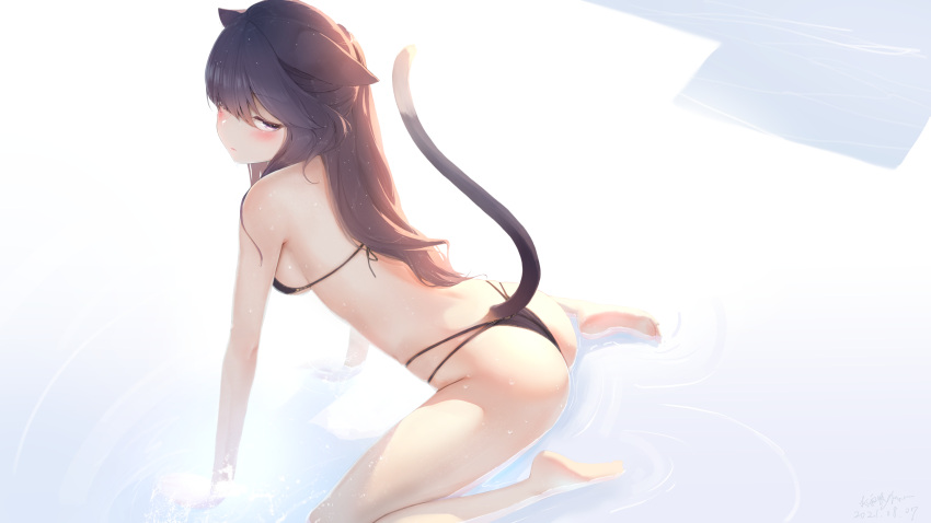 1girl all_fours animal_ears ass bare_arms bare_shoulders barefoot bikini black_bikini black_hair breasts cat_ears cat_girl cat_tail from_behind futoshi_ame half-closed_eyes halterneck highres long_hair looking_at_viewer looking_back medium_breasts multi-strapped_bikini original solo string_bikini swimsuit tail tail_raised thighs violet_eyes