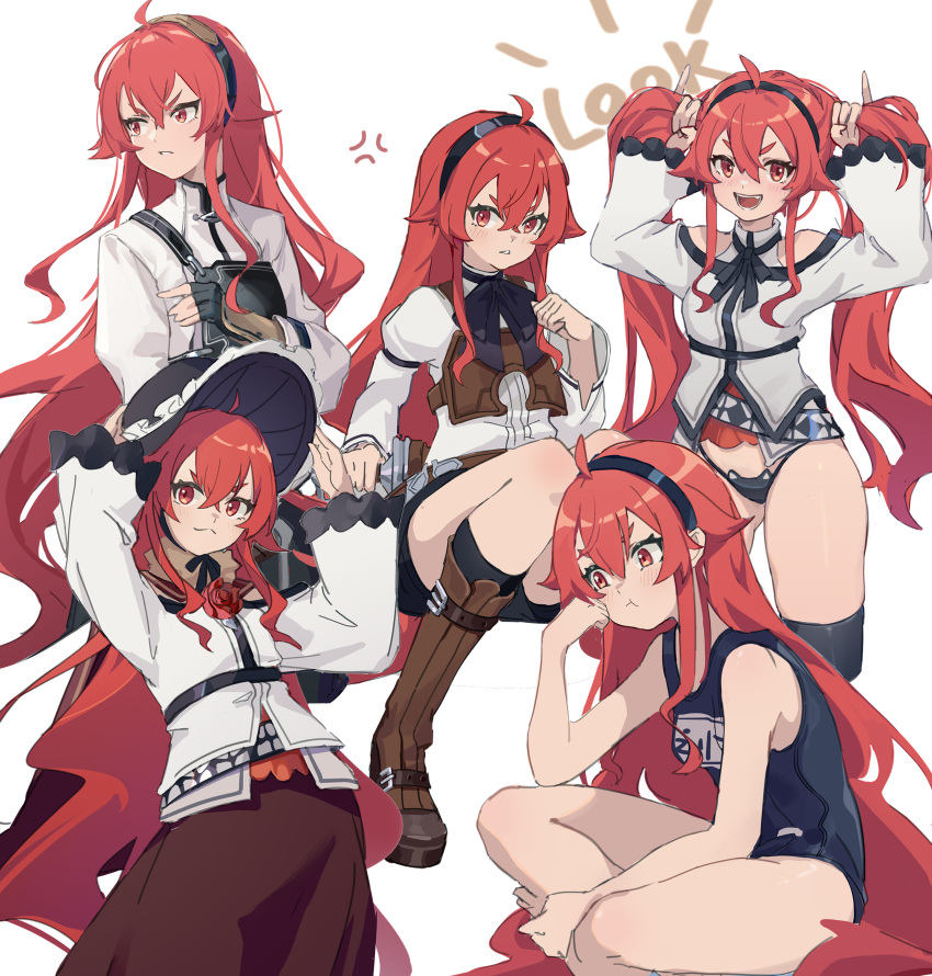 1girl absurdres bare_arms bare_legs barefoot black_hairband boots bunching_hair eris_greyrat feet hairband hat highres long_hair looking_at_viewer mushoku_tensei one-piece_swimsuit red_eyes redhead shirt swimsuit thick_eyebrows twintails white_shirt xiu_kukkii