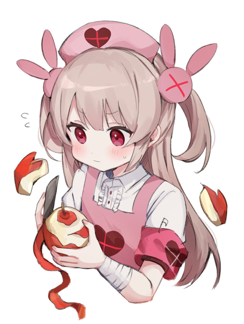 &gt;_&lt; 1girl apple apple_bunny apron armband bandaged_wrist bandages bangs blush bunny_hair_ornament buttons center_frills food frills fruit hair_ornament hat heart heart_print highres holding holding_food holding_fruit holding_knife knife light_brown_hair long_hair natori_sana neku01n nurse_cap peeling pink_apron pink_eyes pink_headwear safety_pin sana_channel shirt short_sleeves simple_background solo two_side_up upper_body virtual_youtuber white_background white_shirt