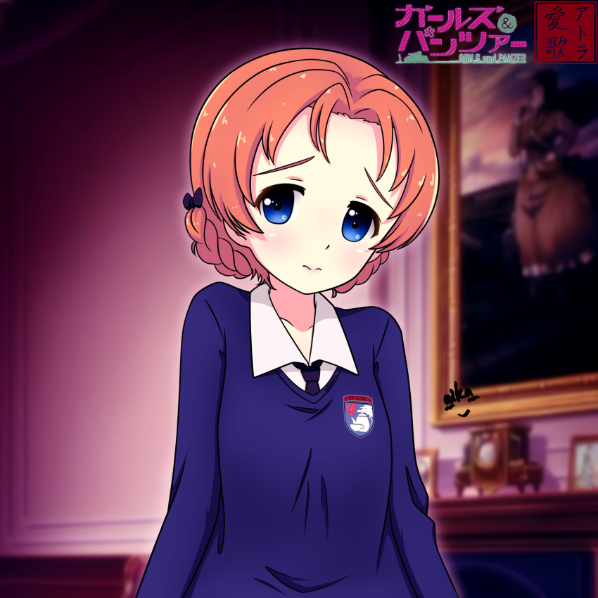 1girl aikazilla artist_logo artist_name bangs black_bow black_neckwear blue_eyes blue_sweater blurry blurry_background bow braid closed_mouth commentary copyright_name dress_shirt emblem frown girls_und_panzer hair_bow highres indoors long_sleeves looking_at_viewer necktie orange_hair orange_pekoe_(girls_und_panzer) original painting_(object) parted_bangs school_uniform shirt short_hair signature solo st._gloriana's_(emblem) st._gloriana's_school_uniform sweater tied_hair twin_braids upper_body v-neck white_shirt wing_collar