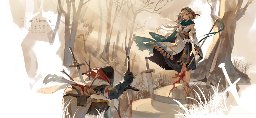 1girl 1other arrow_(projectile) bare_tree barefoot blood bloody_weapon braid brown_eyes brown_hair closed_mouth curled_horns detached_sleeves dress english_text highres holding holding_staff holding_sword holding_weapon horns impaled ji_dao_ji long_hair long_sleeves original planted planted_sword staff standing sword translation_request tree very_long_hair weapon white_dress white_sleeves