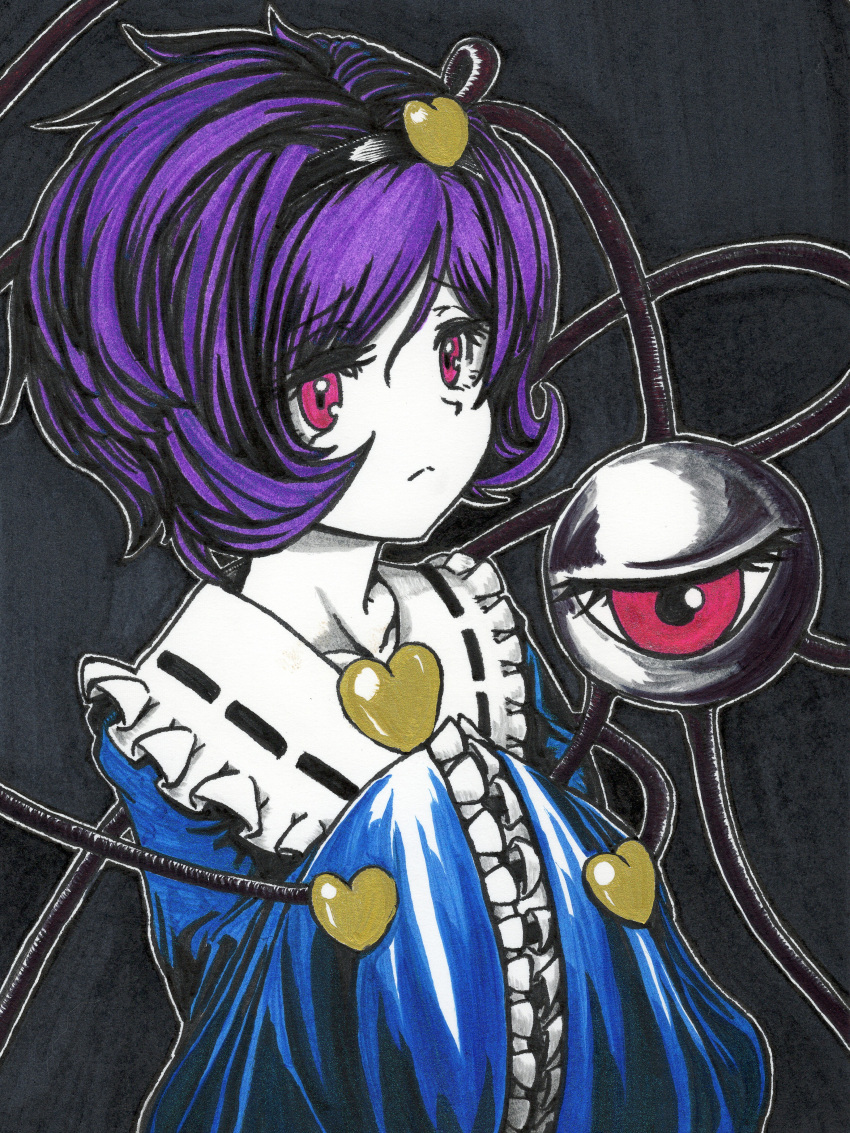 1girl absurdres black_background blouse blue_blouse closed_mouth collared_blouse commentary_request eyeball eyebrows_visible_through_hair frilled_shirt_collar frilled_sleeves frills hairband hands_in_opposite_sleeves hands_up heart high_contrast highres komeiji_satori long_sleeves looking_at_viewer messy_hair own_hands_together pale_skin purple_hair red_eyes ribbon-trimmed_collar ribbon_trim sek-it short_hair solo split_mouth third_eye touhou traditional_media upper_body wide_sleeves wing_collar