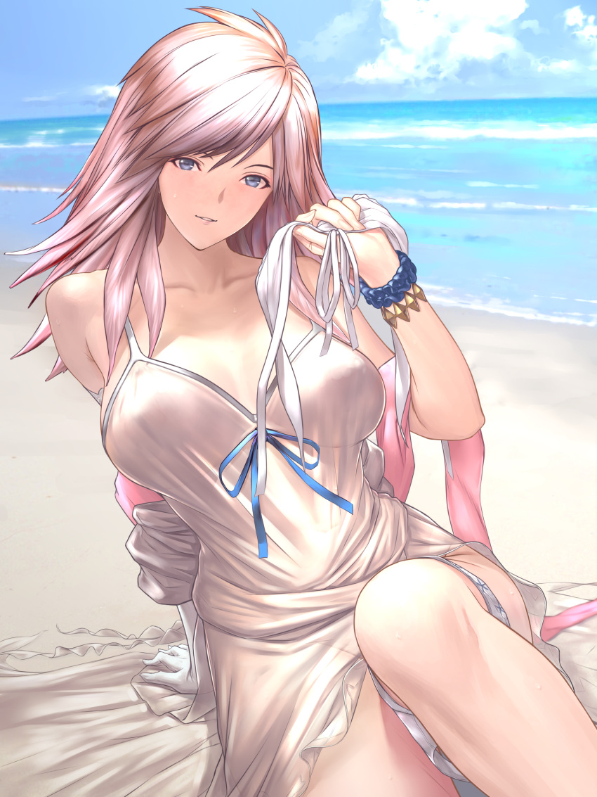 absurdres beach blue_eyes blue_sky bracelet breasts clouds dress feet_out_of_frame gabriel_(granblue_fantasy) gloves granblue_fantasy highres jewelry large_breasts long_hair looking_at_viewer ocean pink_hair shisshou_senkoku sky sleeveless sleeveless_dress white_gloves