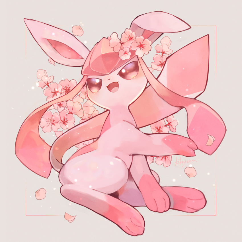 ;d alternate_color blush brown_eyes commentary_request flower framed full_body gen_4_pokemon glaceon grey_background highres kikuyoshi_(tracco) no_humans one_eye_closed open_mouth paws petals pink_flower pokemon pokemon_(creature) smile solo toes tongue