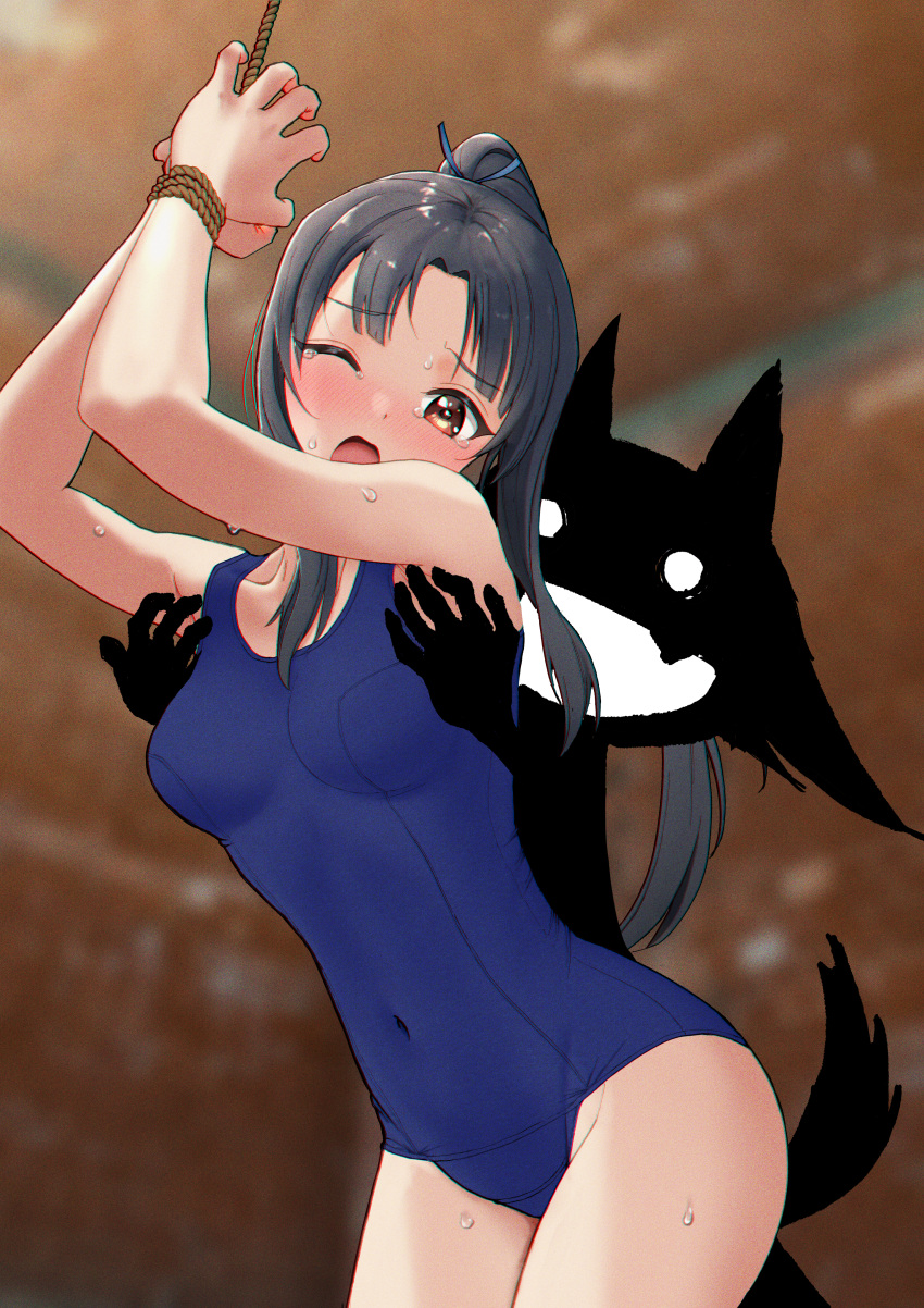 2girls absurdres black_hair blue_swimsuit blurry bound bound_wrists breasts brown_eyes covered_navel cowboy_shot depth_of_field hattori_shizuka highres huge_filesize kuroniko long_hair looking_at_viewer looking_to_the_side medium_breasts miyako_yoshika multiple_girls one_eye_closed ponytail school_uniform silhouette_demon small_breasts strike_witches swimsuit tears tied_up world_witches_series