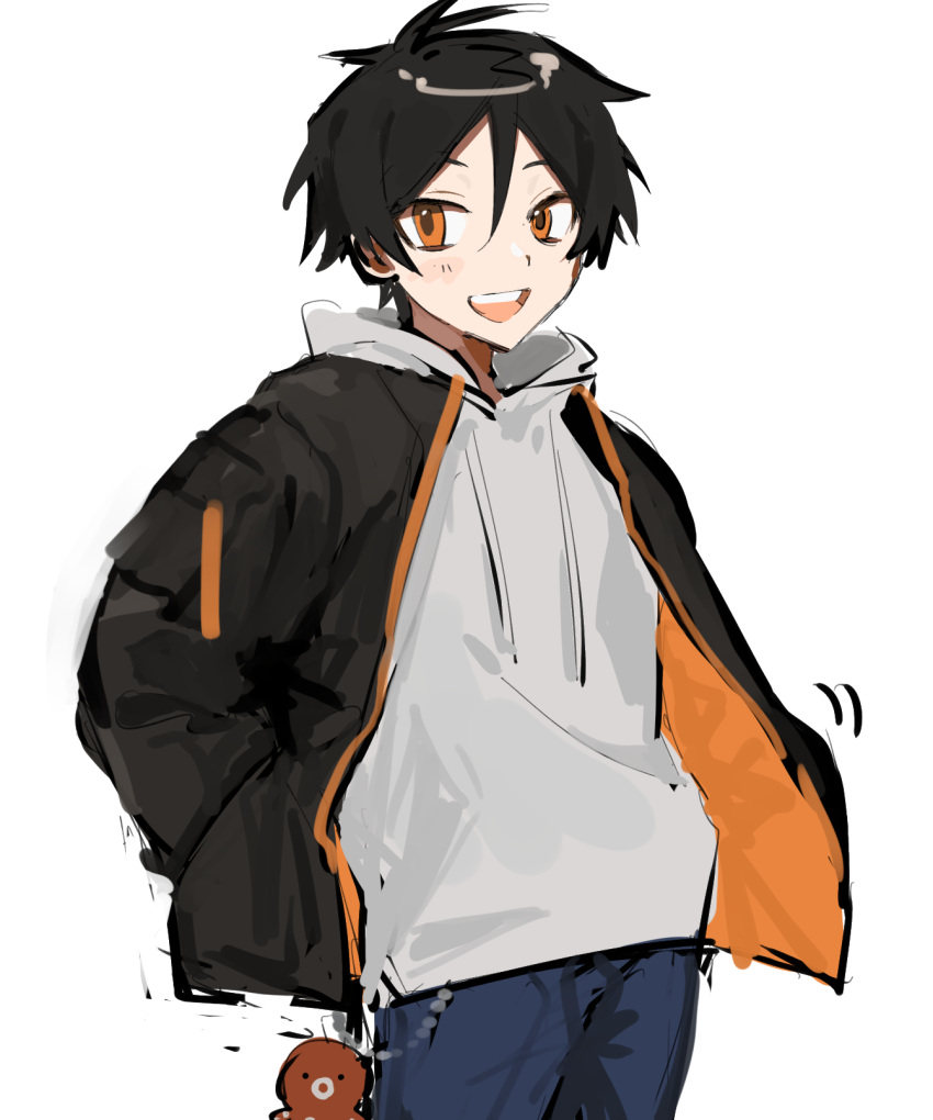 1boy black_hair black_jacket commentary_request denim drawstring guu_(guu8) hands_in_pockets highres hood hood_down hoodie jacket jeans looking_at_viewer male_focus motion_lines open_mouth orange_eyes orange_jacket original pants short_hair simple_background smile solo two-sided_fabric two-sided_jacket upper_teeth very_short_hair white_background white_hoodie