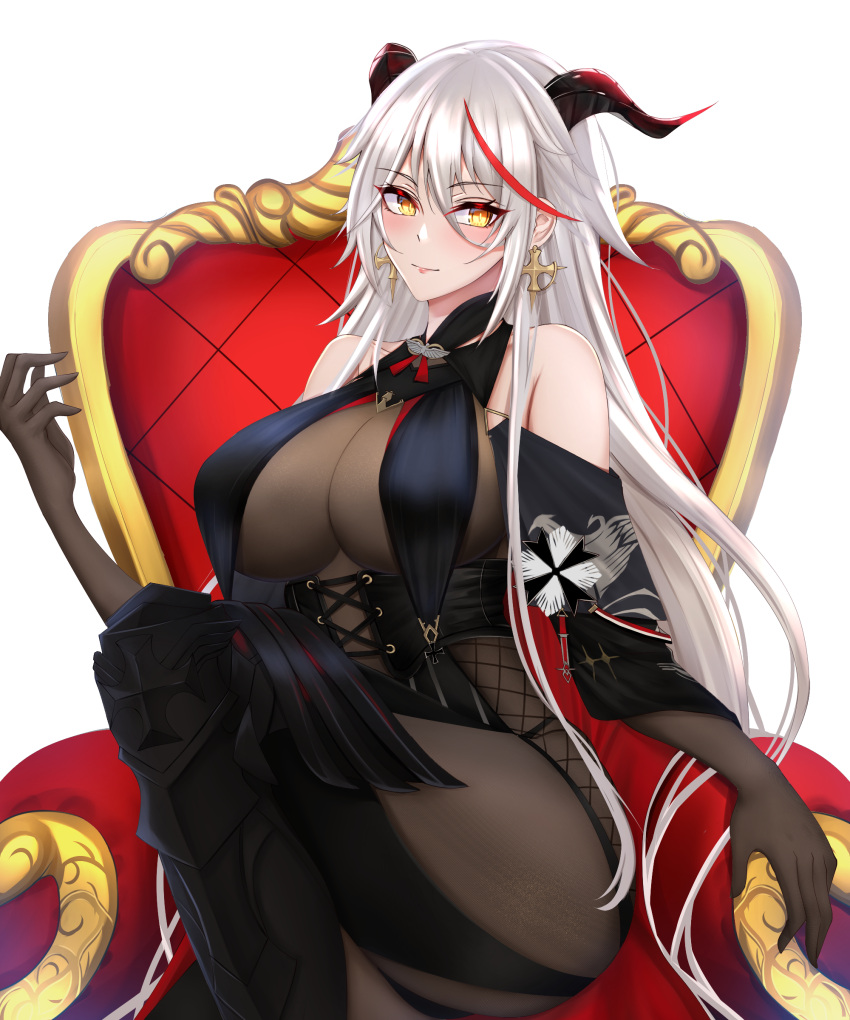 1girl absurdres aegir_(azur_lane) ass asymmetrical_footwear azur_lane bare_shoulders black_cape black_gloves black_legwear bodystocking boots breast_curtains breasts cape chair cross cross-laced_clothes cross_earrings demon_horns earrings elbow_gloves eyebrows_visible_through_hair gloves hair_between_eyes highres horns huge_breasts impossible_clothes iron_cross jewelry knee_boots long_hair looking_to_the_side multicolored_hair redhead simple_background single_knee_boot sinorder sitting skin_tight sleeves solo streaked_hair two-tone_hair underbust uneven_footwear very_long_hair white_background white_hair yellow_eyes