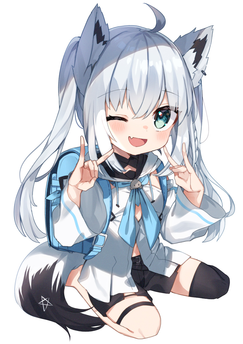 1girl ;d \m/ absurdres ahoge animal_ears backpack bag bangs black_legwear black_shorts commentary_request detached_sleeves eyebrows_visible_through_hair fox_ears fox_girl fox_tail grey_eyes hair_between_eyes highres hololive huge_filesize long_hair long_sleeves looking_at_viewer navel noi_mine one_eye_closed open_mouth randoseru shirakami_fubuki shorts sidelocks simple_background smile solo tail thigh-highs twintails virtual_youtuber white_background white_hair wide_sleeves younger zettai_ryouiki