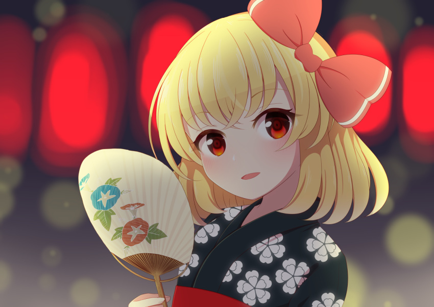 1girl bangs belt black_dress black_kimono blonde_hair bow crossed_bangs dress eyebrows_visible_through_hair floral_print flower hair_between_eyes hair_bow hand_fan hand_up japanese_clothes kimono light long_sleeves night night_sky open_mouth red_belt red_bow red_eyes rumia shadow short_hair sky smile solo takapi_3 touhou white_flower