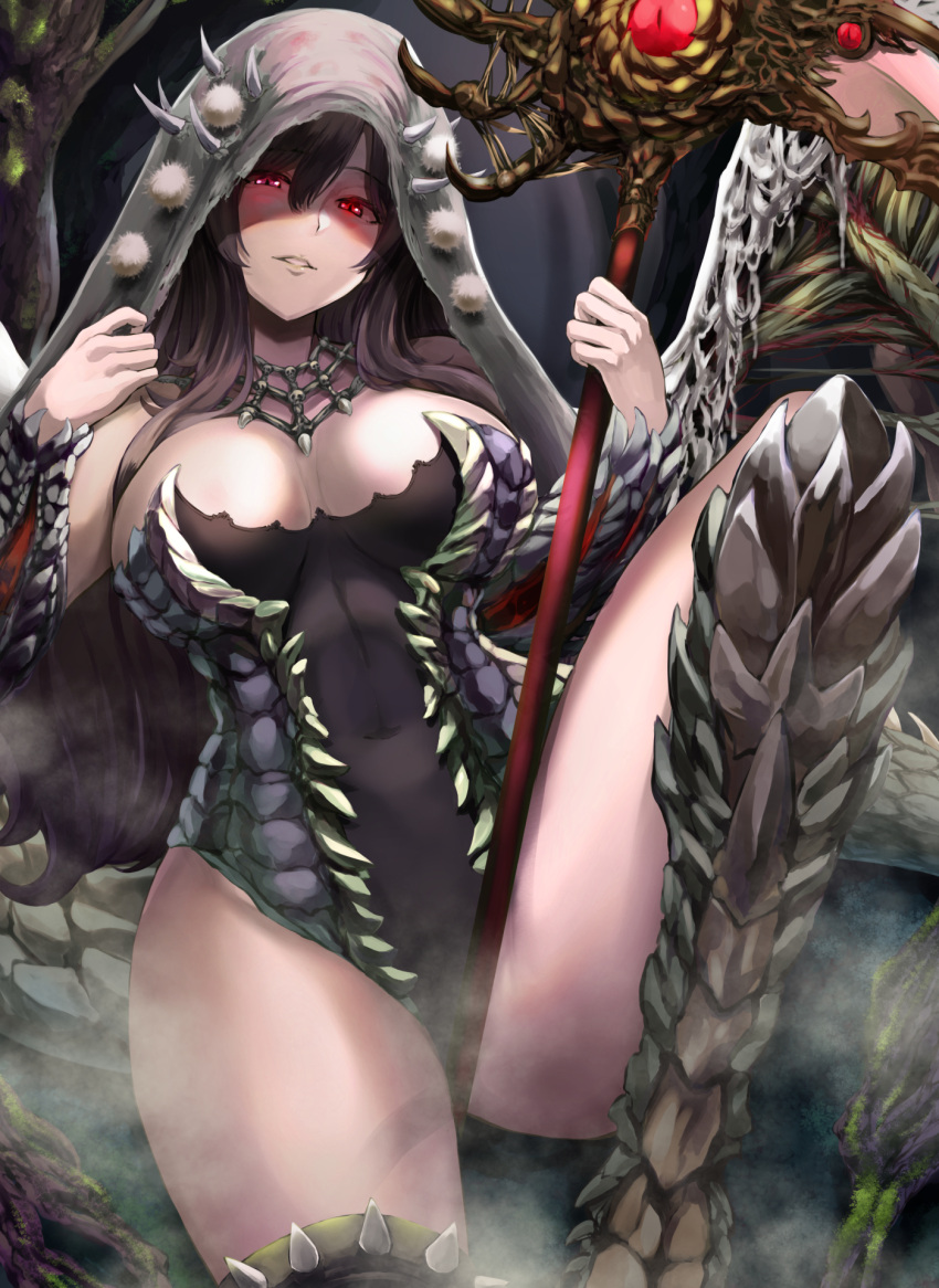 1girl brown_hair covered_navel eyebrows_visible_through_hair greaves hair_between_eyes highres holding holding_weapon indoors jojobirdz leotard long_hair looking_at_viewer monster_girl monster_hunter_(series) parted_lips personification red_eyes scythe shaded_face silk sitting solo spider_web spiked_legwear spikes steam tail vaal_hazak vambraces veil weapon