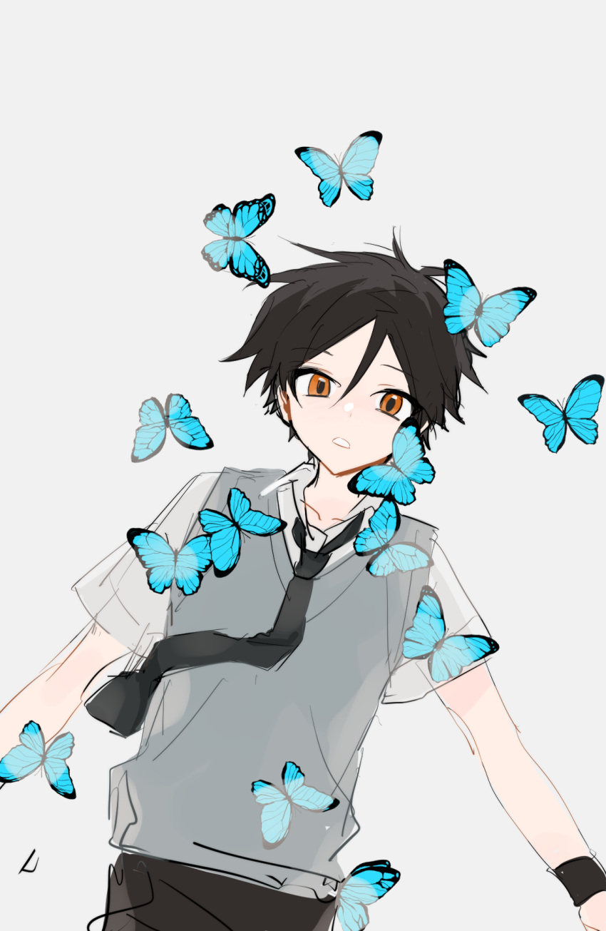 1boy black_hair black_neckwear black_wristband blue_butterfly bug butterfly collarbone collared_shirt commentary_request grey_background grey_sweater_vest guu_(guu8) highres insect looking_at_viewer male_focus necktie orange_eyes original parted_lips shirt short_hair short_sleeves simple_background solo sweater_vest upper_body very_short_hair white_shirt wristband