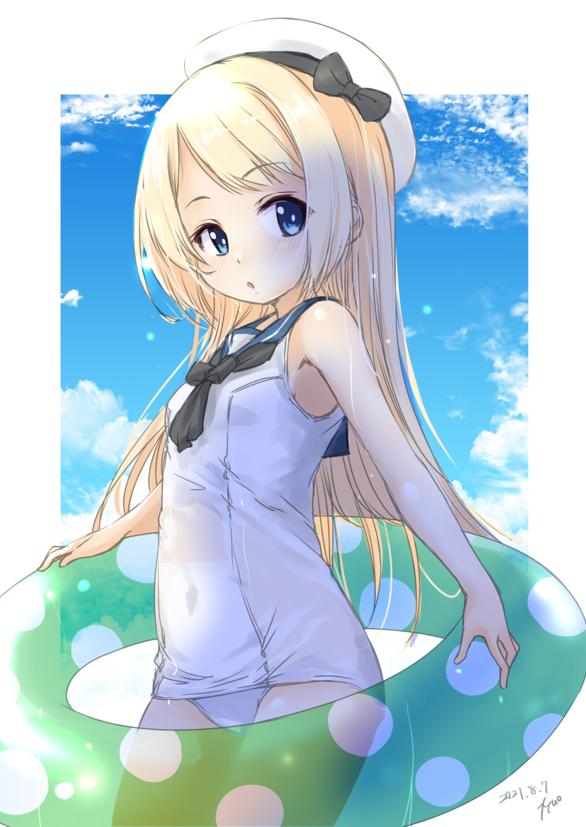 1girl absurdres alternate_color_school_swimsuit alternate_costume black_neckwear blonde_hair blue_eyes blue_sailor_collar blue_sky clouds cloudy_sky covered_navel cowboy_shot dated day eyebrows_visible_through_hair fyuo hat highres innertube jervis_(kancolle) kantai_collection looking_at_viewer one-hour_drawing_challenge one-piece_swimsuit outdoors sailor_collar sailor_hat school_swimsuit sky solo swimsuit twitter_username white_swimsuit