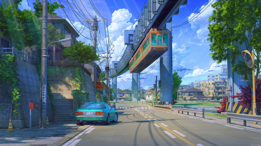 album_cover arsenixc building car city clouds commentary cone cover crosswalk ground_vehicle highres hill house light_rays mirror monorail motor_vehicle no_humans original outdoors power_lines road scenery shadow stairs street traffic_light tree utility_pole