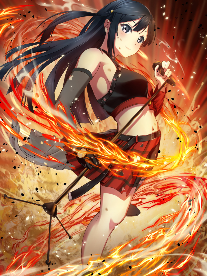 1girl absurdres bangs black_hair breasts burnt_clothes closed_mouth dirty dirty_face elbow_gloves eyebrows_visible_through_hair fire flame foot_out_of_frame gloves grey_eyes highres holding holding_microphone holding_microphone_stand idol love_live! love_live!_nijigasaki_high_school_idol_club medium_breasts microphone microphone_stand midriff navel plaid plaid_skirt red_skirt single_elbow_glove skirt solo supra_is_black_(altea) torn_clothes yuuki_setsuna_(love_live!)