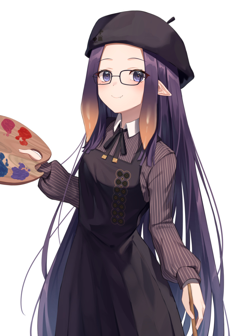 1girl beret black_dress black_headwear black_ribbon brown_shirt closed_mouth commentary cowboy_shot dress eyebrows_visible_through_hair eyes_visible_through_hair fang fang_out glasses gradient_hair hand_up hat highres holding holding_palette hololive hololive_english long_hair long_sleeves looking_at_viewer multicolored_hair ninomae_ina'nis official_alternate_costume orange_hair palette_(object) pinafore_dress pleated_dress pointy_ears puffy_long_sleeves puffy_sleeves purple_hair ribbon shands shirt simple_background smile solo standing striped striped_shirt very_long_hair violet_eyes virtual_youtuber white_background