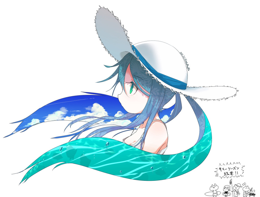 1girl 4others air_bubble aqua_eyes aqua_hair blue_ribbon blue_sky breasts bubble character_request chibi chibi_inset clouds collarbone commentary_request condensation_trail copyright_request cropped_torso dated dress eyebrows_visible_through_hair floral_print from_side hair_between_eyes hat hat_ribbon highres long_hair looking_afar looking_away multiple_others no_mouth noumin_joemanyodw print_hair profile ribbon sidelocks signature simple_background sky small_breasts spaghetti_strap straw_hat summer sun_hat sundress translation_request twintails water white_background white_dress white_headwear wind