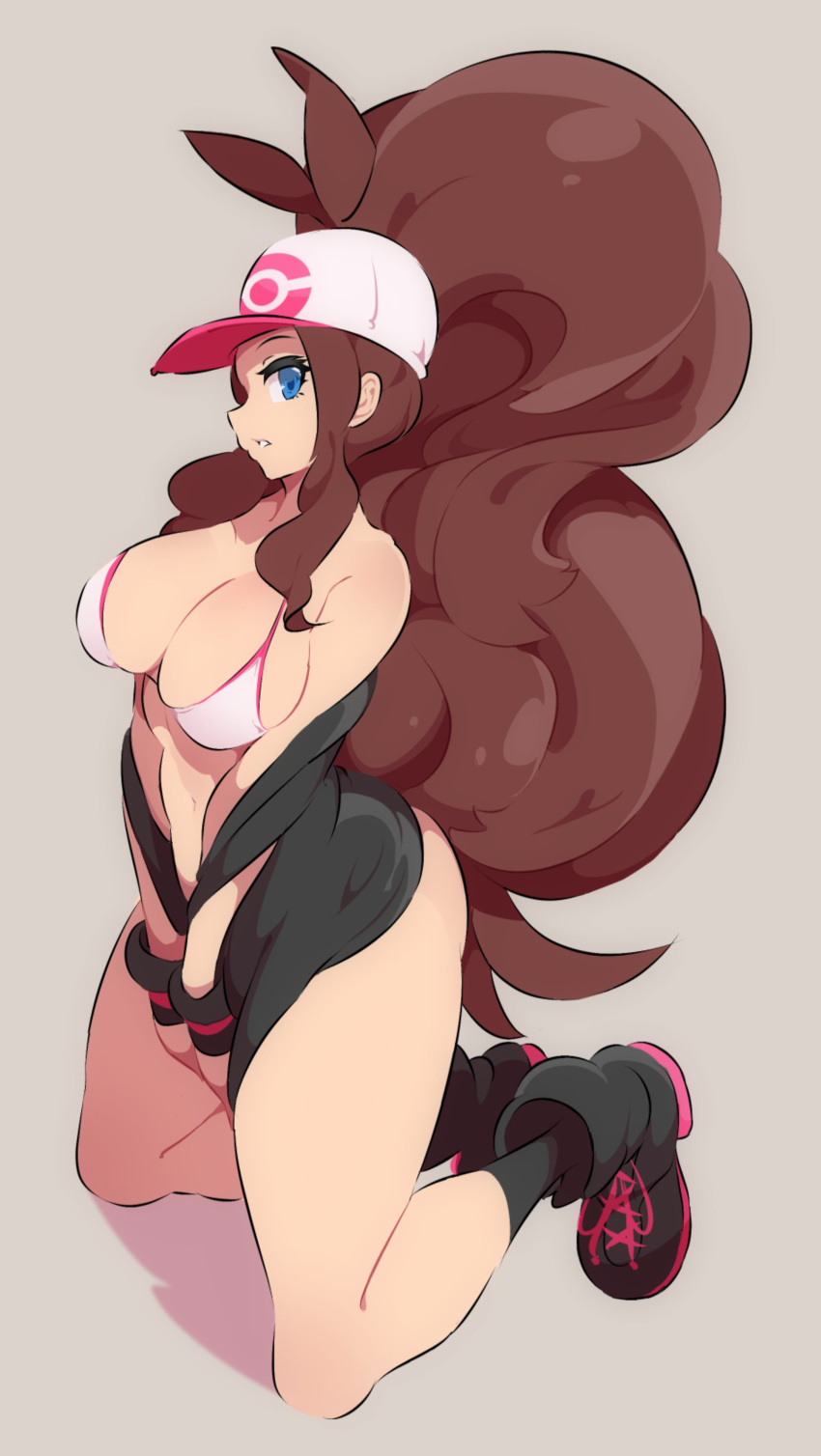 1girl absurdres baseball_cap big_hair bikini blue_eyes boots breasts brown_hair curly_hair hat high_ponytail highres hilda_(pokemon) large_breasts long_hair nac000 narrow_waist pokemon pokemon_(game) pokemon_bw sidelocks socks solo swimsuit very_long_hair