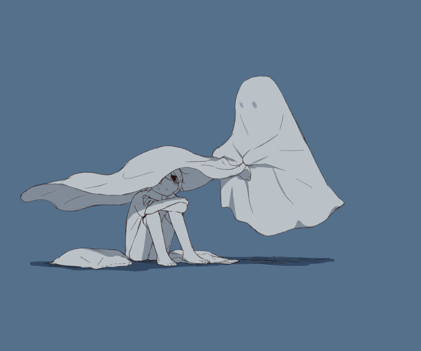1boy 1other absurdres avogado6 barefoot blue_background blue_theme commentary_request crying ghost highres holding_blanket monochrome original shirt short_sleeves shorts simple_background sitting