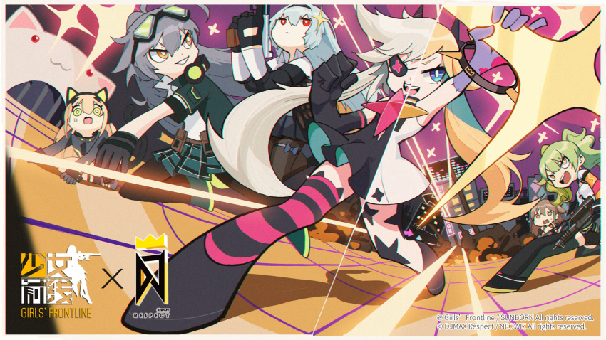 6+girls :3 aek-999_(girls_frontline) ahoge all_fours animal_ears artist_name bangs bare_shoulders black_gloves black_legwear blonde_hair blue_eyes brown_eyes brown_hair building cat_ear_headphones city clear_(dj_max) copyright_name dj_max dress expressionless eyepatch fail_(djmax) fake_animal_ears fake_tail full_body girls_frontline gloves goggles goggles_on_head green_hair grey_hair gun hair_between_eyes hair_ornament hairband headphones headphones_around_neck highres holding holding_gun holding_weapon jacket jumping k2_(girls_frontline) kyubey long_hair looking_at_viewer m950a_(girls_frontline) mahou_shoujo_madoka_magica multiple_girls official_art open_mouth pantyhose parody pleated_skirt red_eyes shirt sidelocks silver_hair skirt smile standing star_(symbol) tail thigh-highs third-party_source thunder_(girls_frontline) tmp_(girls_frontline) twintails weapon white_dress white_shirt yellow_eyes