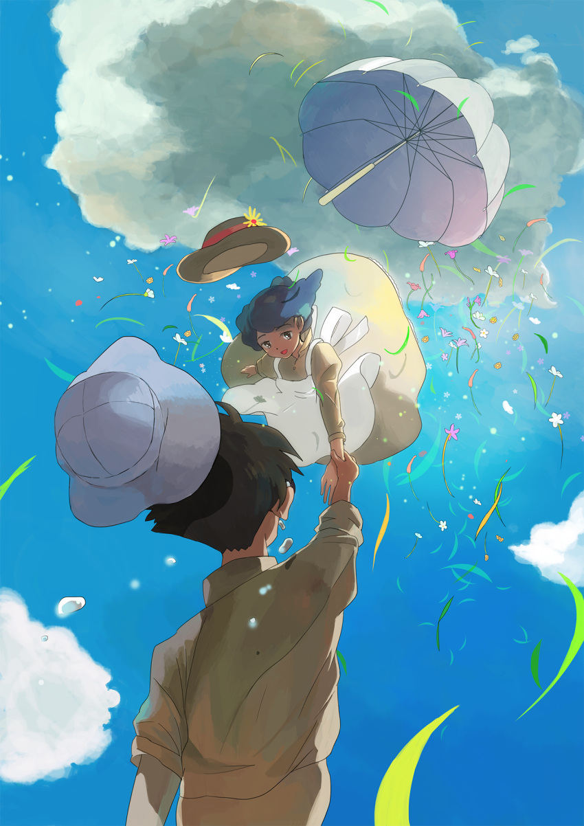 1boy 1girl apron arm_at_side backlighting black_hair blue_sky blurry brown_headwear brown_shirt clothes_lift clouds cloudy_sky collared_shirt couple crying dark_blue_hair day depth_of_field dot_nose dress dress_shirt facing_away flower flower_hat flying_teardrops from_behind from_below grass half-closed_eyes hat hetero highres horikoshi_jirou kaze_tachinu light_particles light_smile long_sleeves looking_at_another looking_down mani_manuka open_mouth orange_flower outdoors outstretched_arm perspective pink_flower puffy_long_sleeves puffy_sleeves purple_flower satomi_naoko shirt sky streaming_tears sun_hat sunlight tears umbrella vanishing_point white_apron white_flower white_headwear wind wind_lift wrist_grab yellow_dress yellow_flower