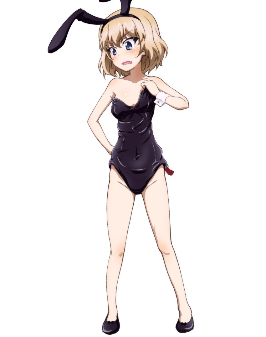 1girl animal_ears blonde_hair blue_eyes blush breasts covered_navel eyebrows_visible_through_hair fake_animal_ears fang full_body girls_und_panzer groin highres katyusha_(girls_und_panzer) key_(gaigaigai123) open_mouth oversized_clothes playboy_bunny rabbit_ears shiny shiny_hair short_hair simple_background small_breasts solo white_background