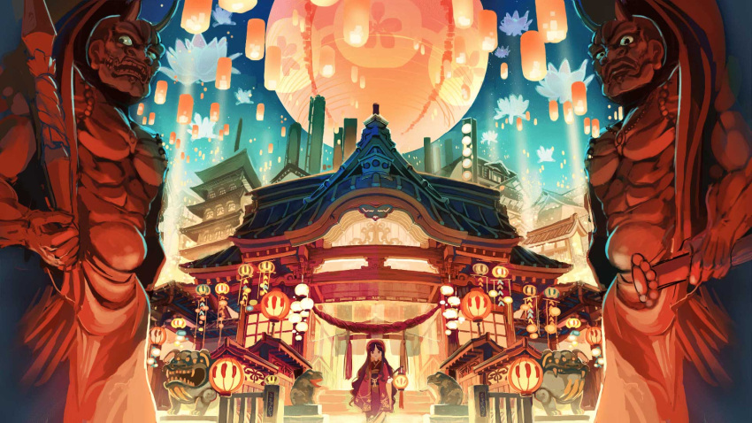 1girl 2boys architecture artist_request black_hair building east_asian_architecture flower hat highres holding japanese_clothes kimono lantern long_hair looking_at_viewer multiple_boys oni original rope shimenawa statue sword traditional_clothes very_long_hair virtual_market weapon wide_shot