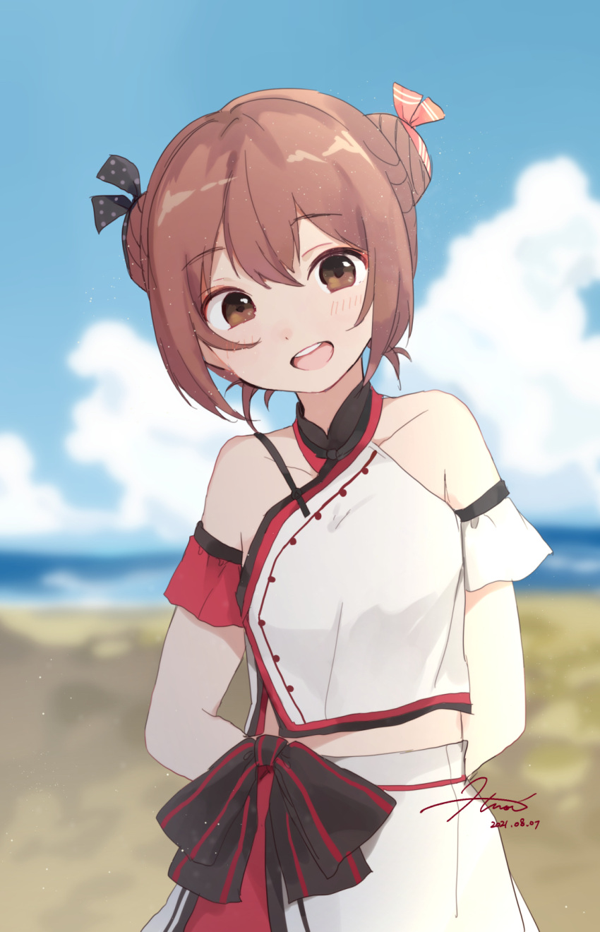 1girl arms_behind_back blue_sky brown_eyes brown_hair casual chinese_clothes clouds day double_bun highres hiroe_(cosmos_blue-02_421) kantai_collection looking_at_viewer official_alternate_costume official_alternate_hairstyle outdoors shirt short_hair skirt sky sleeveless sleeveless_shirt solo tan_yang_(kancolle) white_shirt white_skirt yukikaze_(kancolle)