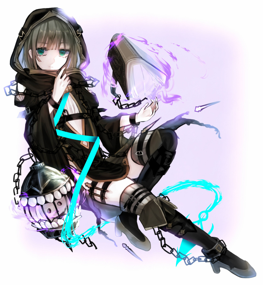 1boy bangs black_footwear book boots brown_hair cage chain closed_mouth crossdressinging floating full_body green_eyes gretel_(sinoalice) hair_between_eyes hansel_(sinoalice) highres long_sleeves looking_at_viewer otoko_no_ko short_hair simple_background sinoalice smile solo thigh-highs thigh_boots towada-san_(thank39) white_background