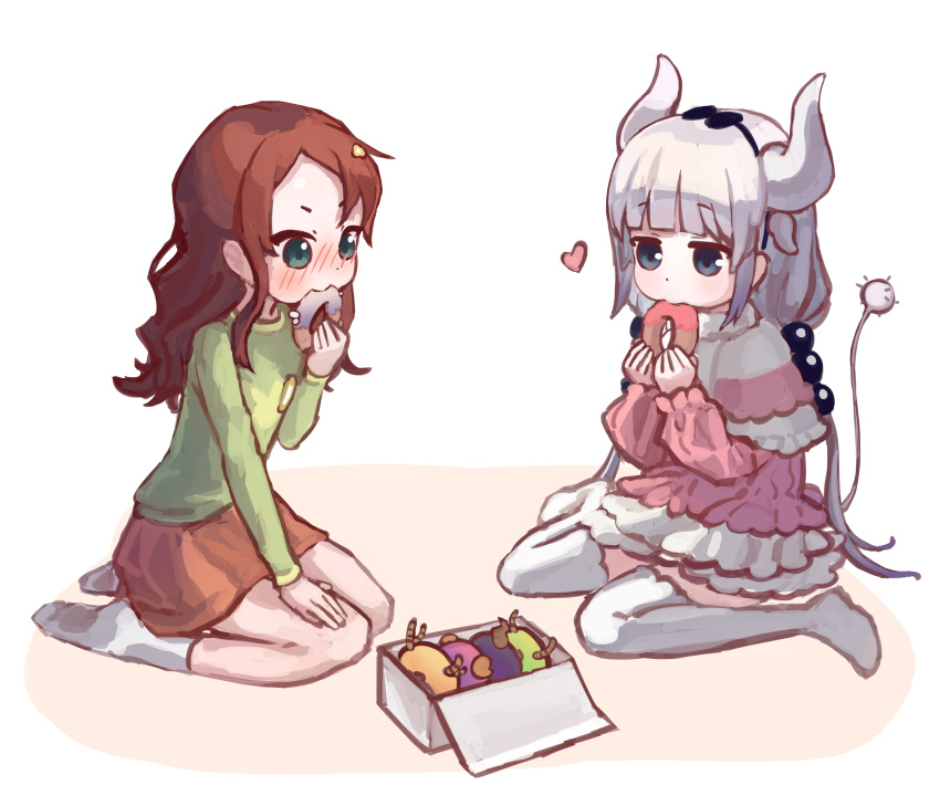 2girls absurdres bangs beads biting blue_ribbon blunt_bangs blush brown_hair brown_skirt capelet commentary_request doughnut dress eating elma_(maidragon) eyebrows_visible_through_hair food foodification frilled_dress frills green_eyes green_shirt hair_beads hair_ornament hair_ribbon hand_on_own_knee hand_up hands_up heart highres holding holding_food horns ilulu_(maidragon) kanna_kamui kobayashi-san_chi_no_maidragon kobayashi_(maidragon) korean_commentary long_hair low_twintails lucoa_(maidragon) mixed-language_commentary multiple_girls multiple_sources no_shoes nose_blush objectification pastry_box pink_dress pink_shirt plus_no_p ribbon saikawa_riko seiza shiny shiny_hair shirt sidelocks silver_hair sitting skirt socks tail thigh-highs tohru_(maidragon) twintails v-shaped_eyebrows wariza white_background white_legwear