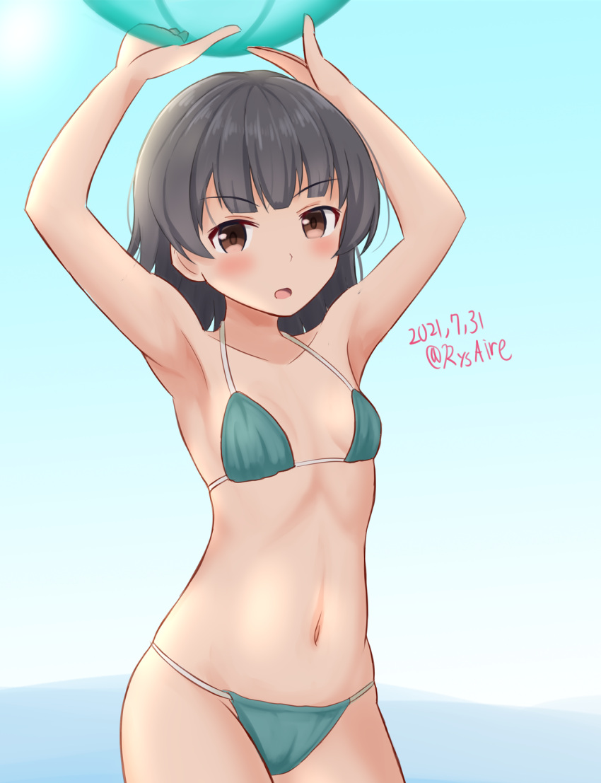 1girl ame-san arare_(kancolle) armpits arms_up ball beachball bikini black_hair breasts brown_eyes commentary_request contrapposto cowboy_shot dated green_bikini highres kantai_collection looking_at_viewer revision short_hair small_breasts solo standing swimsuit twitter_username