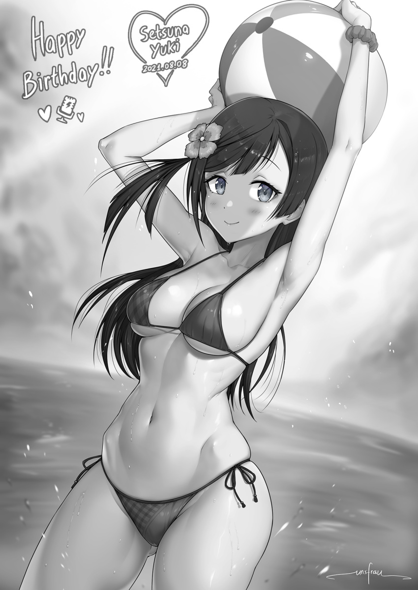 1girl armpits arms_up artist_name ass_visible_through_thighs ball bangs beachball bikini blush breasts character_name closed_mouth collarbone commentary_request cowboy_shot dated flower greyscale hair_flower hair_ornament heart highres large_breasts long_hair looking_at_viewer love_live! love_live!_nijigasaki_high_school_idol_club mixed-language_commentary monochrome navel ocean outdoors scrunchie side-tie_bikini signature skindentation smile solo stomach swept_bangs swimsuit unsfrau water wide_hips wrist_scrunchie yuuki_setsuna_(love_live!)