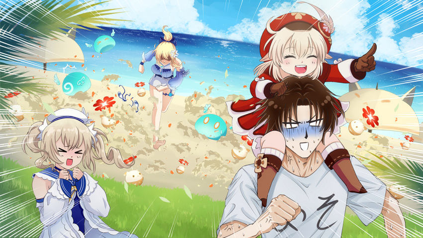 &gt;_&lt; 1boy 3girls :d ^_^ ^o^ anger_vein artist_self-insert barbara_(summertime_sparkle)_(genshin_impact) beach blonde_hair blue_sky blue_swimsuit boots bow braid brown_footwear brown_gloves brown_hair cabbie_hat carrying carrying_person chasing closed_eyes clouds cloudy_sky clover_print coat detached_sleeves fleeing genshin_impact gloves hair_bow hair_ribbon hat hat_feather hat_ornament horizon jean_(sea_breeze_dandelion)_(genshin_impact) jumpy_dumpty klee_(genshin_impact) knee_boots kneehighs light_brown_hair multiple_girls ocean open_mouth original pointing ponytail red_coat red_headwear ribbon shirt shoulder_carry sky slime_(genshin_impact) smile sweat swimsuit sylvia_m t-shirt twin_braids twintails white_shirt xd