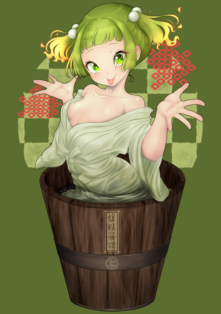 1girl :p \||/ absurdres bare_shoulders breasts bright_pupils bucket citone collarbone commentary_request green_background green_eyes green_hair hair_bobbles hair_ornament hands_up highres in_bucket in_container kisume light_blush looking_at_viewer off_shoulder partially_submerged short_bangs short_hair simple_background small_breasts solo tongue tongue_out touhou twintails water white_robe