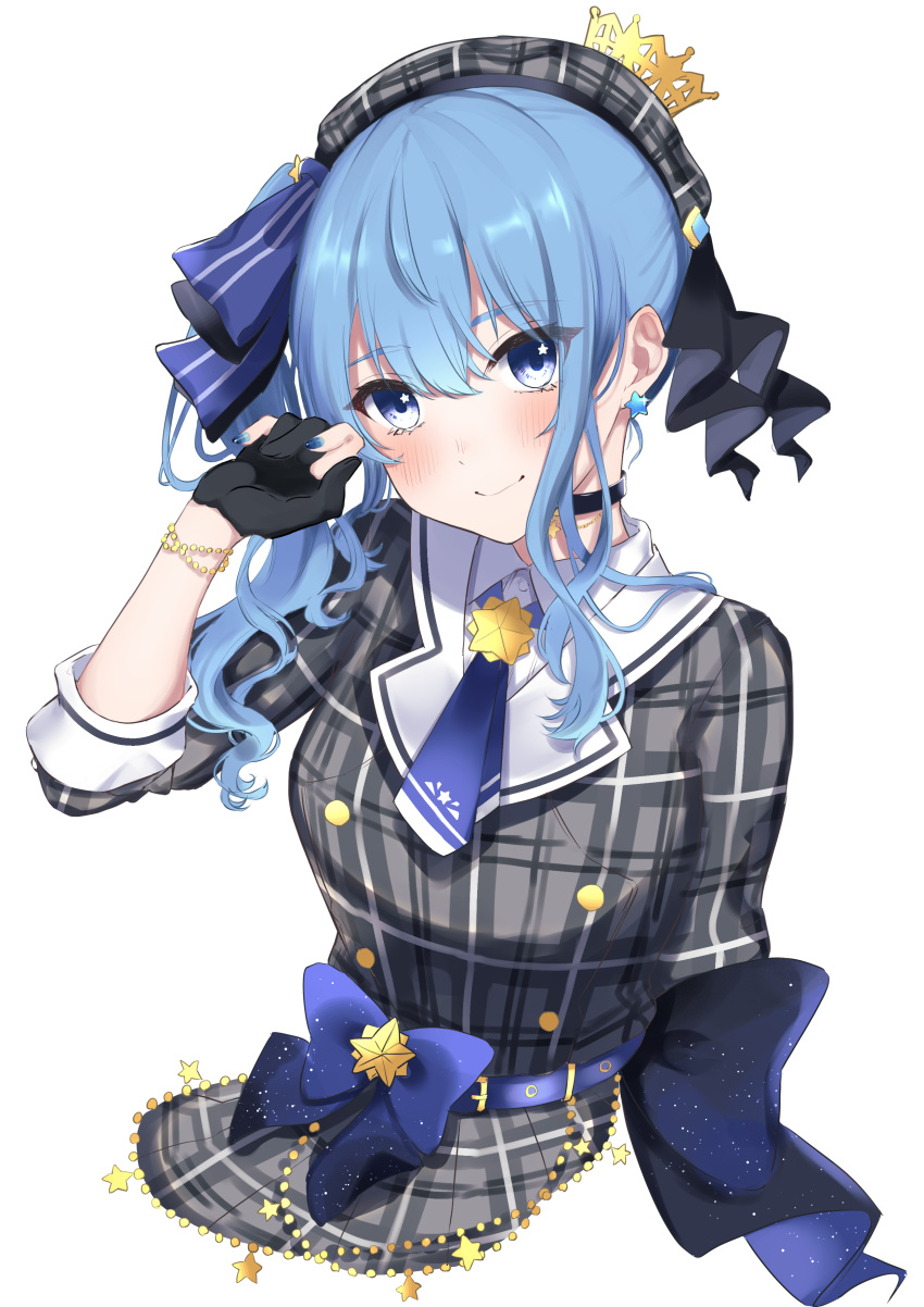 1girl absurdres ascot belt beret black_gloves blue_belt blue_choker blue_eyes blue_hair blue_neckwear blue_ribbon blush bow_skirt buttons choker closed_mouth collared_shirt cropped_legs crown double-breasted earrings fingernails gloves grey_headwear grey_jacket grey_skirt hair_between_eyes hair_ribbon hat highres hololive hoshimachi_suisei jacket jewelry long_hair long_sleeves looking_at_viewer nail_polish partially_fingerless_gloves petaru plaid plaid_headwear plaid_jacket plaid_skirt ribbon shirt side_ponytail sidelocks simple_background skirt skirt_set smile solo star_(symbol) star_bracelet star_earrings star_in_eye symbol_in_eye virtual_youtuber white_background white_shirt