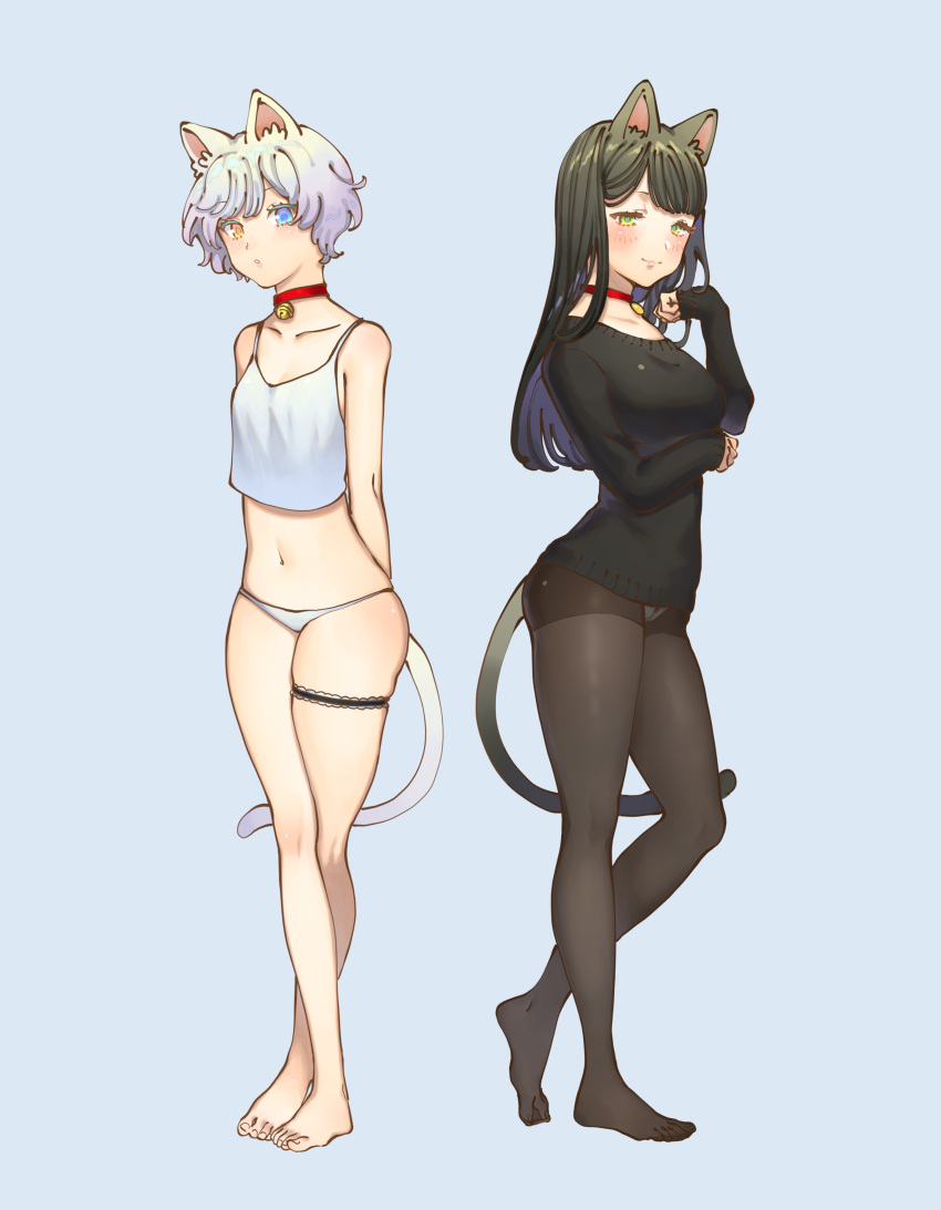2girls absurdres animal_ears arms_behind_back bangs bare_arms bare_legs barefoot bell black_hair black_legwear black_sweater blue_background blue_eyes blue_pupils bomhat breasts cat_ears cat_girl cat_tail closed_mouth collar collarbone commentary crop_top english_commentary eyebrows_visible_through_hair full_body green_eyes green_pupils hand_up heterochromia highres long_hair long_sleeves looking_at_viewer medium_breasts midriff multiple_girls navel neck_bell no_shoes orange_eyes orange_pupils original panties panties_under_pantyhose pantyhose parted_lips shirt short_hair simple_background sleeves_past_wrists small_breasts smile standing standing_on_one_leg sweater tail thigh_strap toes underwear white_hair white_panties white_shirt