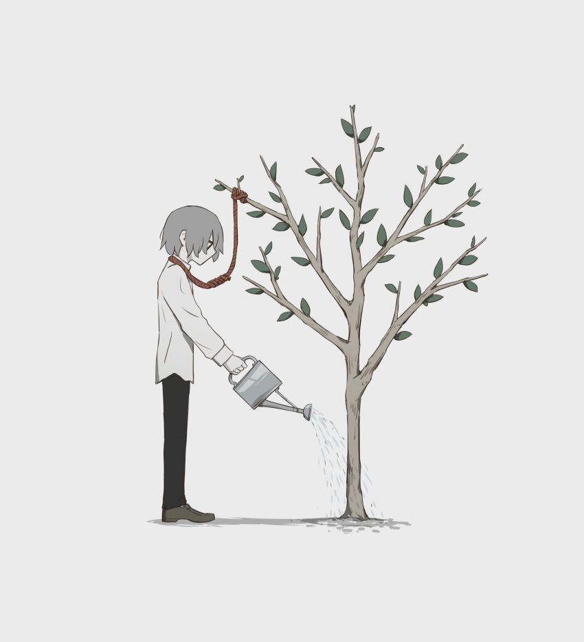 1boy absurdres avogado6 black_pants brown_footwear commentary_request from_side grey_background grey_hair highres holding imminent_suicide long_sleeves male_focus noose original pants profile shirt shoes short_hair simple_background solo symbolism tree watering_can white_shirt