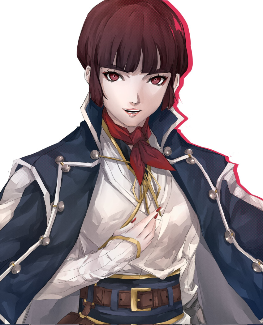 1girl bangs blunt_bangs breasts brown_eyes brown_hair coat highres isabeau_(smt) looking_at_viewer pertex_777 red_eyes shin_megami_tensei shin_megami_tensei_iv short_hair simple_background smile solo white_background