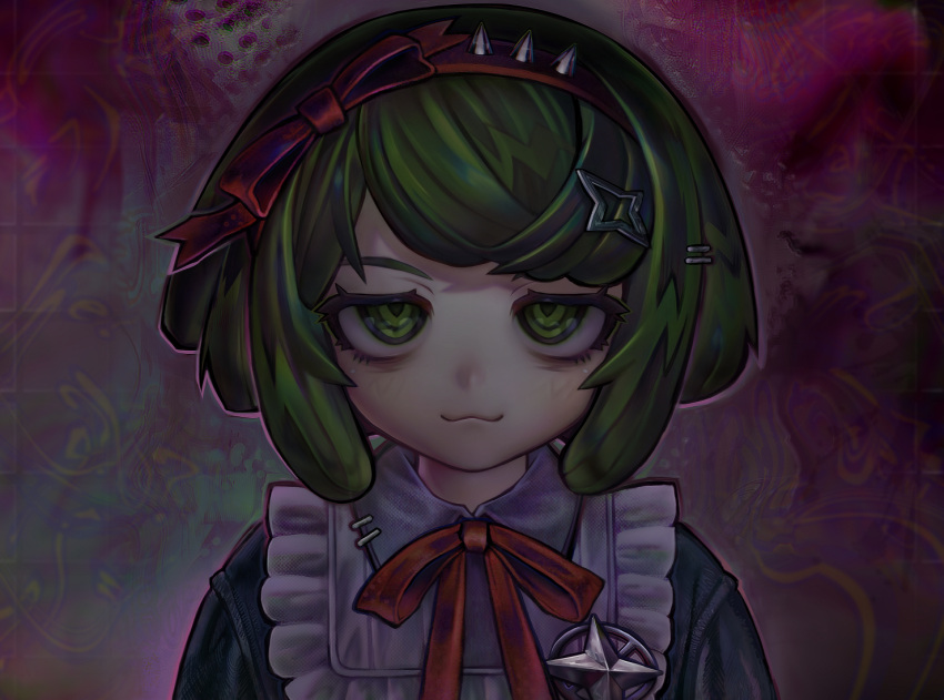 1girl :3 bangs black_dress blush closed_mouth commentary_request dangan_ronpa_(series) dangan_ronpa_another_episode:_ultra_despair_girls dress green_eyes green_hair hair_ornament hairclip looking_at_viewer neck_ribbon pink_background red_ribbon ribbon short_hair smile solo towa_monaka upper_body v1v404