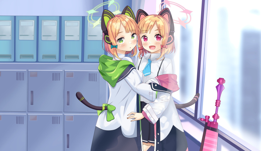2girls absurdres achmad_faisal animal_ears black_skirt blonde_hair blue_archive blue_neckwear cat_ears cat_tail coat commission fake_animal_ears green_eyes halo headgear highres hug indoors locker looking_at_viewer midori_(blue_archive) momoi_(blue_archive) multiple_girls necktie off_shoulder open_mouth pink_eyes shirt short_hair siblings sidelocks sisters skirt smile tail twintails white_coat white_shirt window